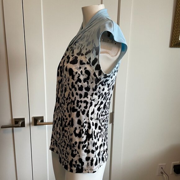 Calvin Klein Cap Slv Twist Neckline Animal Print Poly Blend Top Blue Blk Wht S - Picture 4 of 13